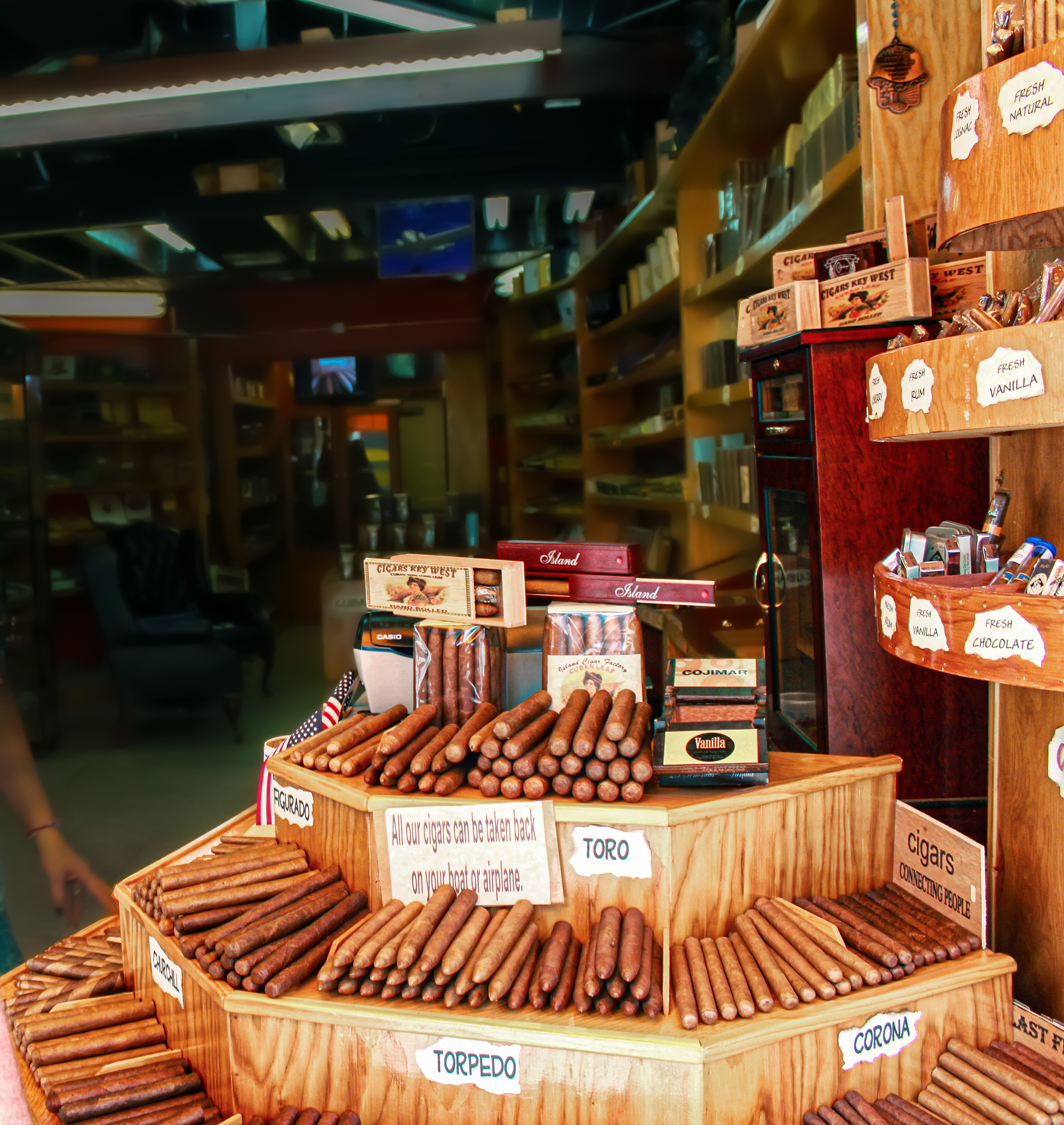A store display of cigars in a smoke shop.