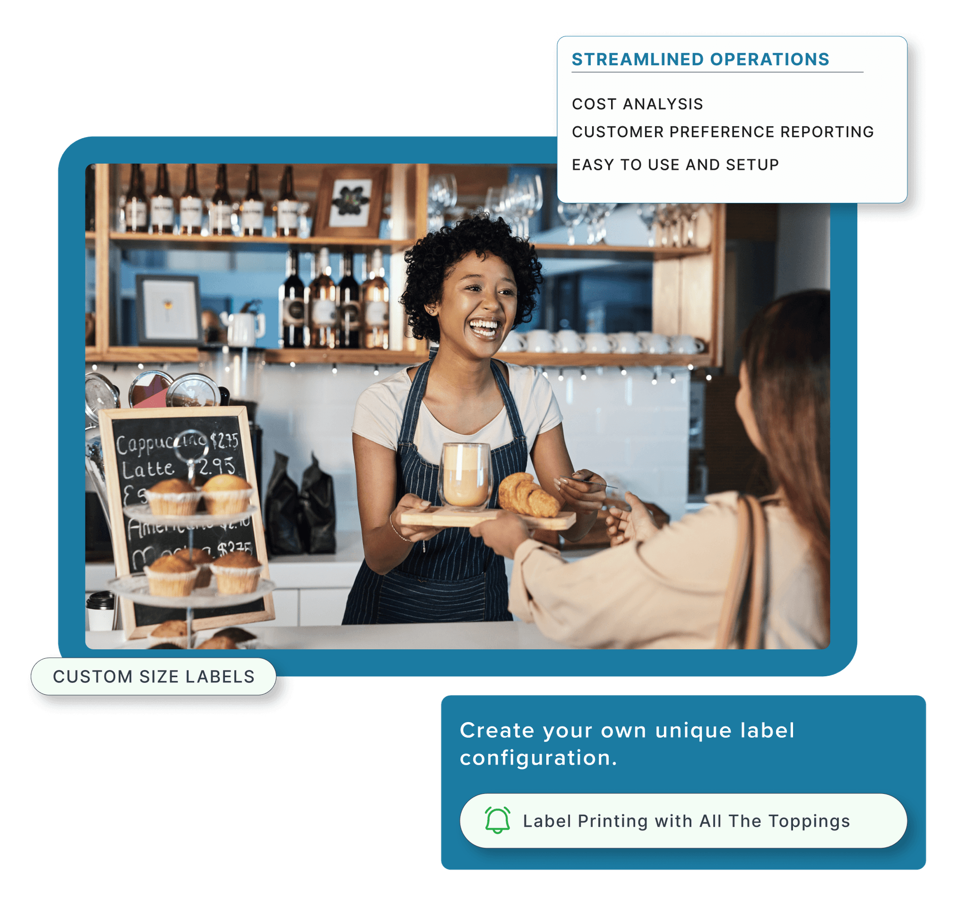 A coffee shop employee handing a customer her order of coffee and a pastry.