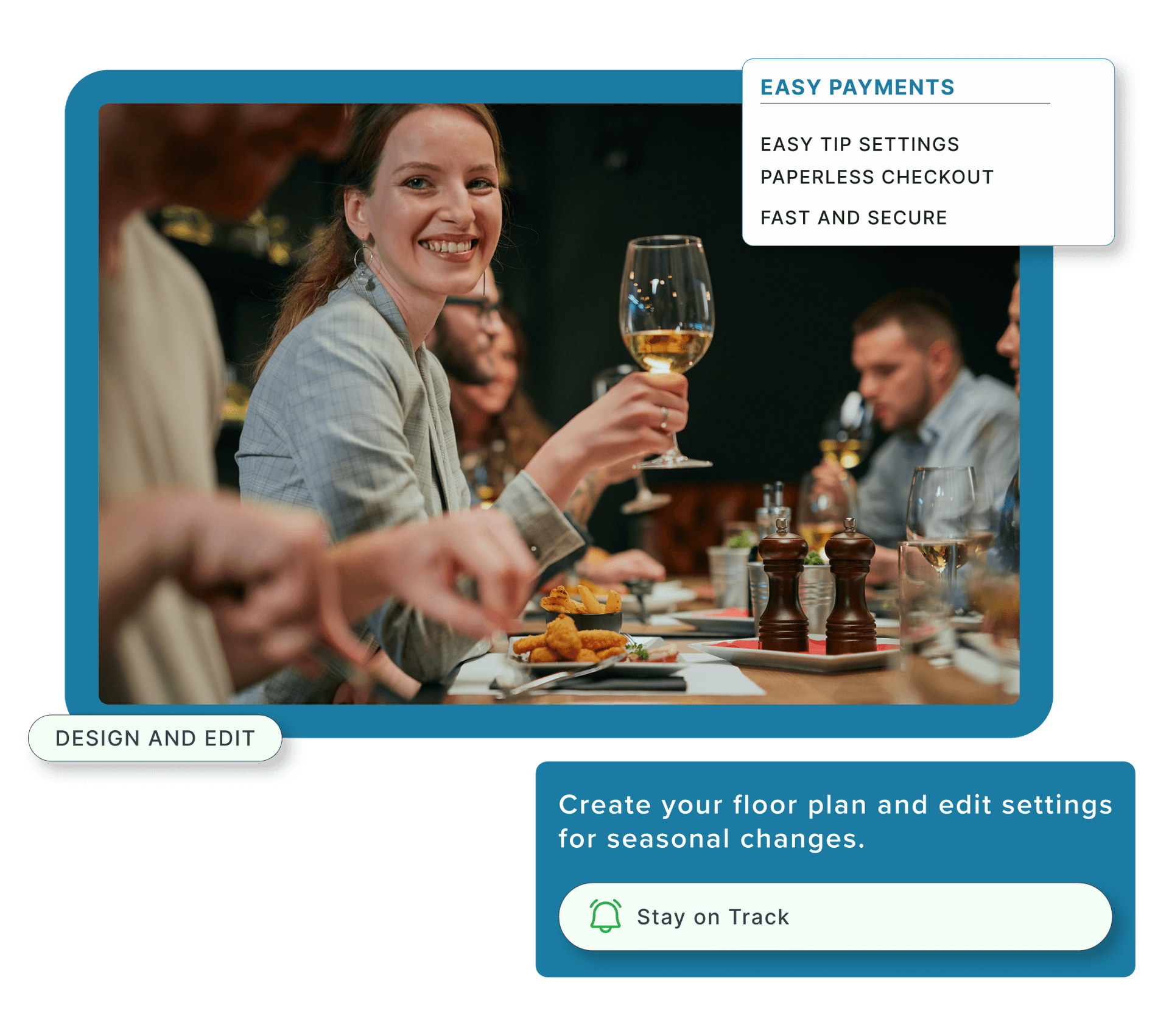 A smiling woman at a full-service restaurant holds up a glass of wine to the other guests at her table.