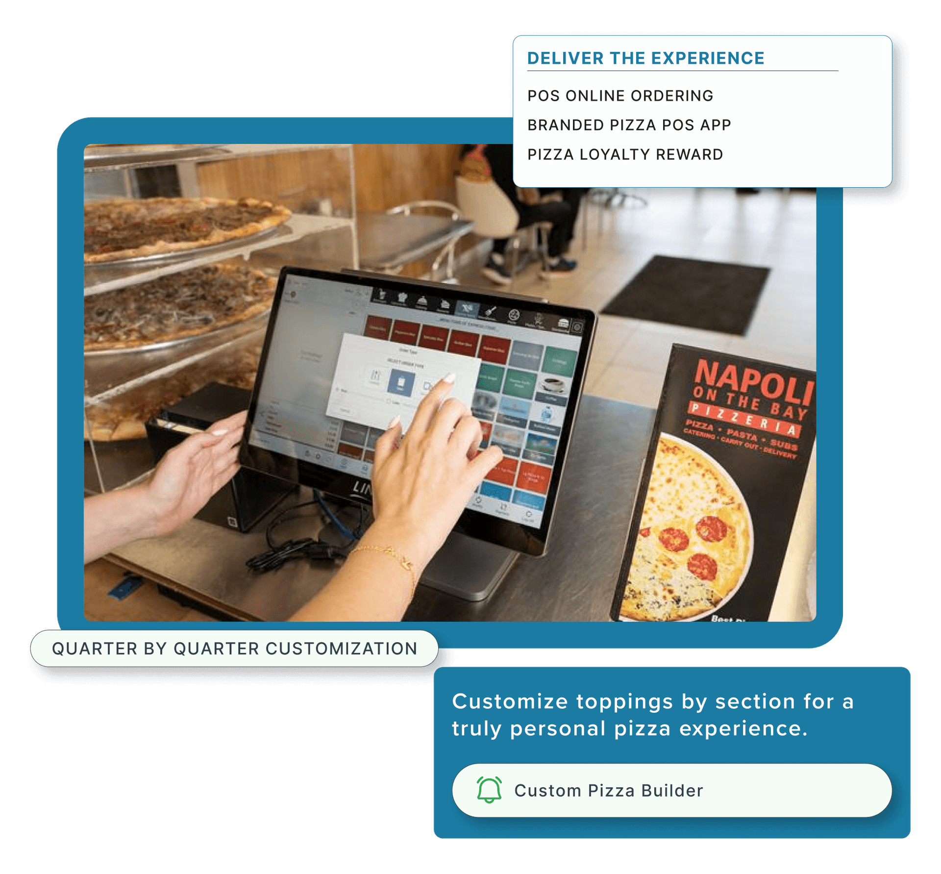 An employee taking an order in a pizza place using LINGA POS.