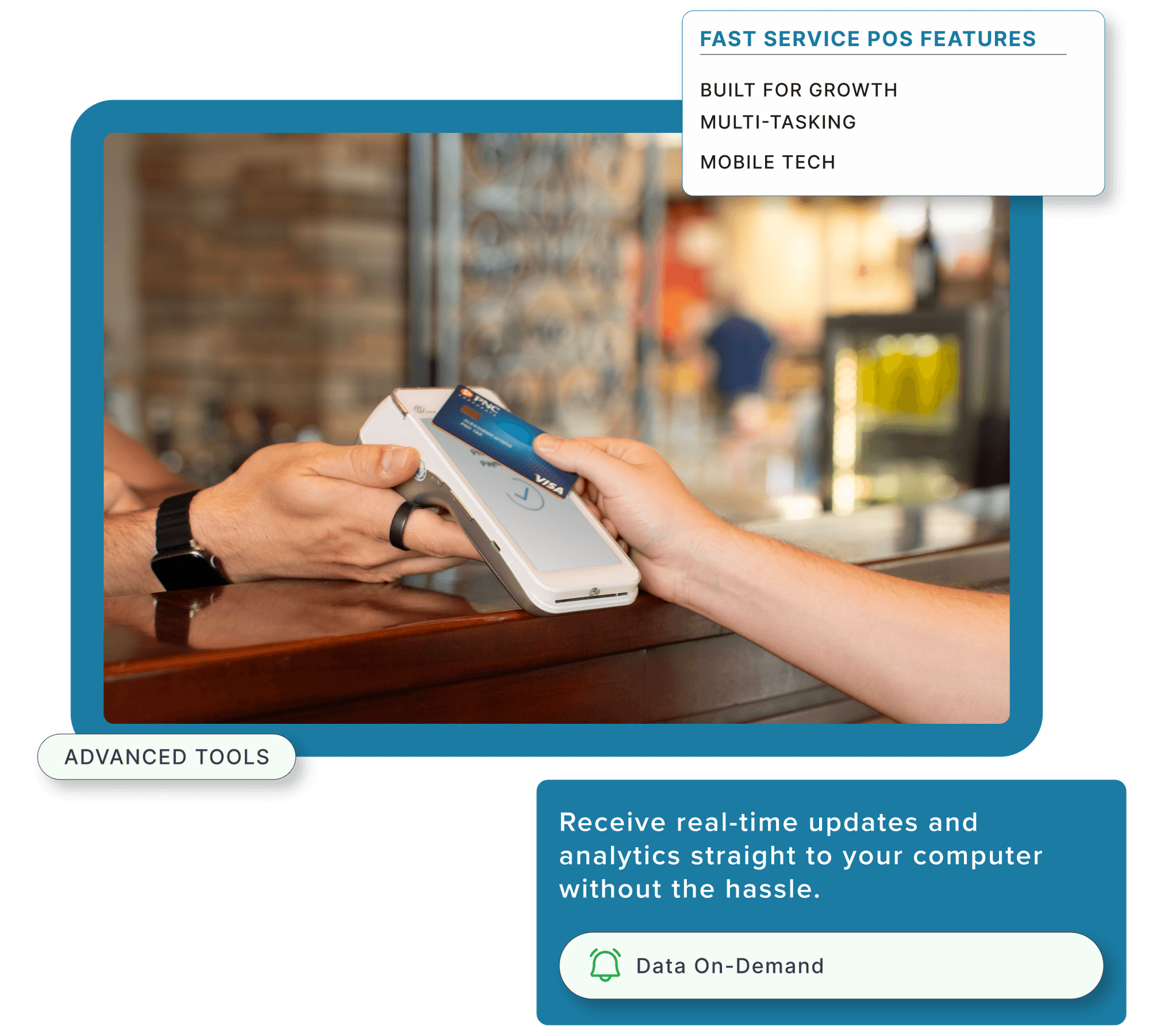 A person paying with their PNC credit card at a quick-service restaurant.