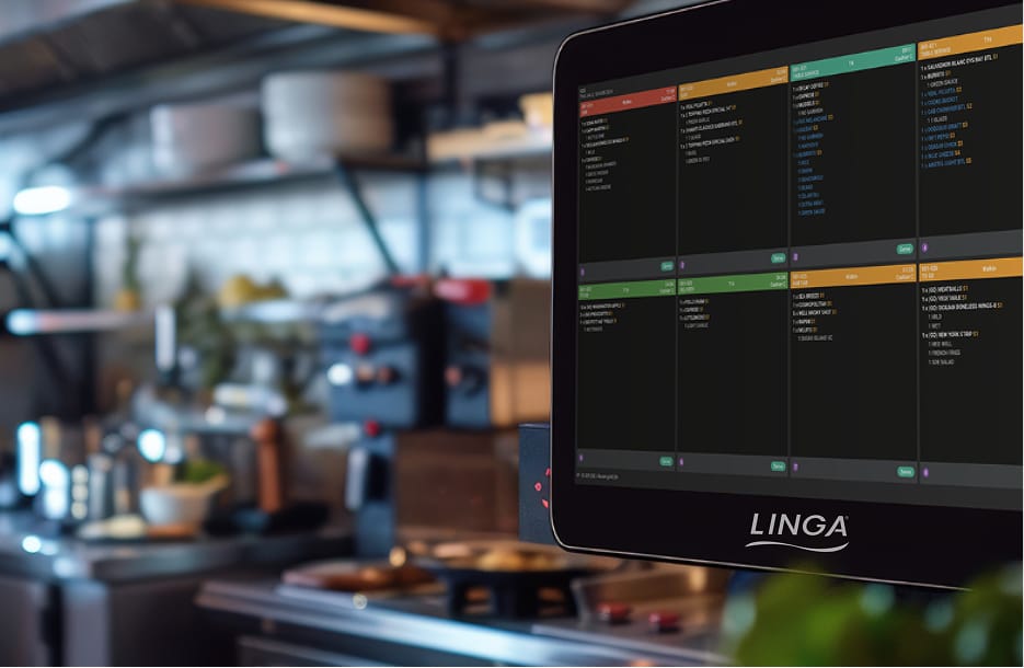 A close-up of LINGA’s kitchen display system being used in a commercial kitchen.
