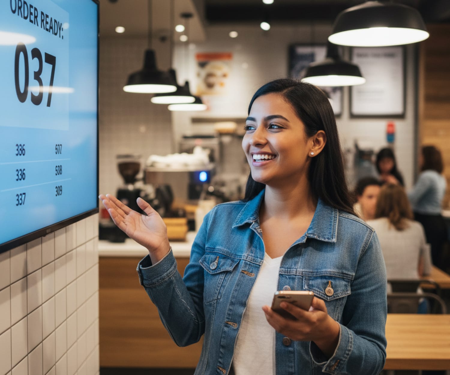 A customer waiting for her order in a restaurant and checking the status of her meal on a TV screen.