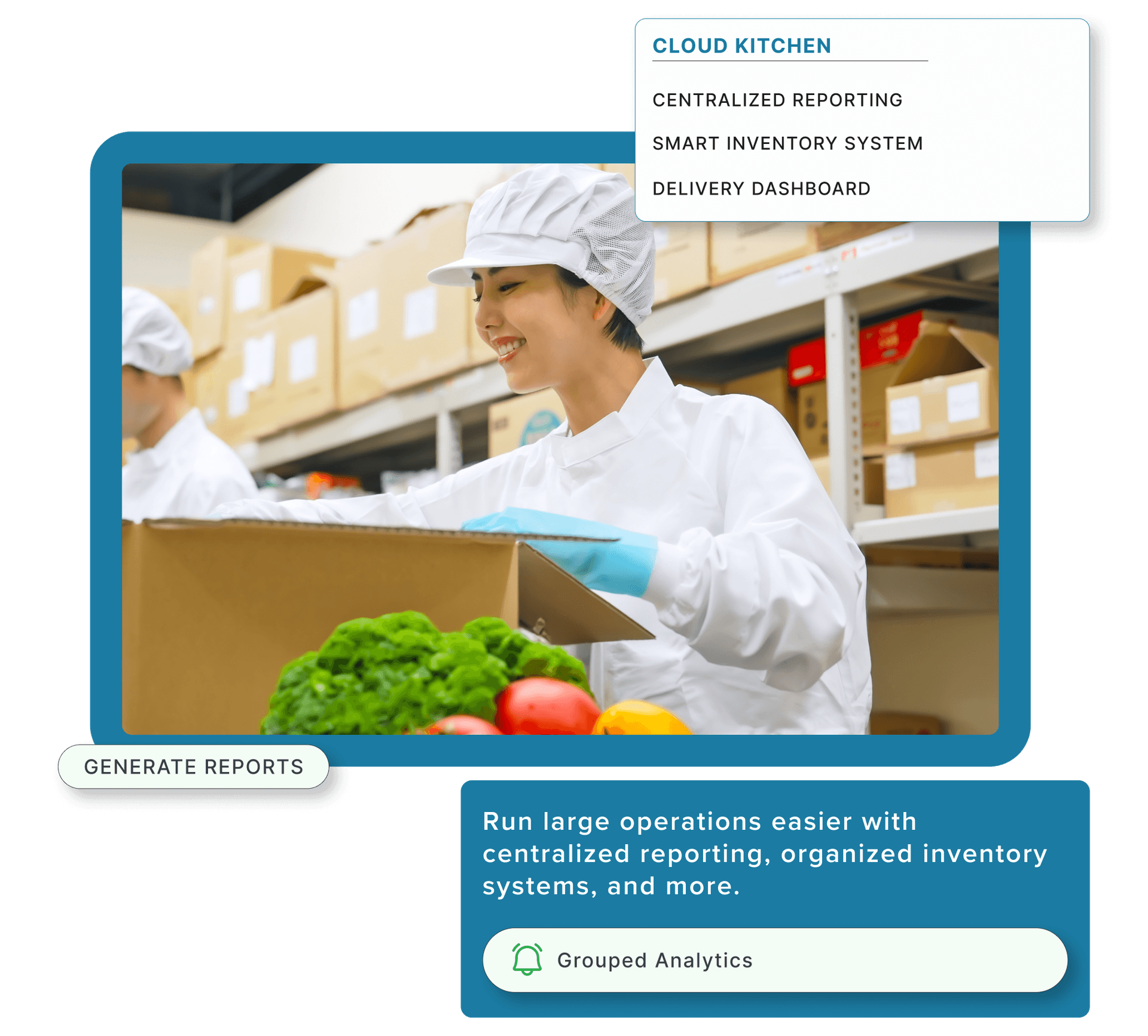 Restaurant employees unpacking fresh produce from cardboard boxes.