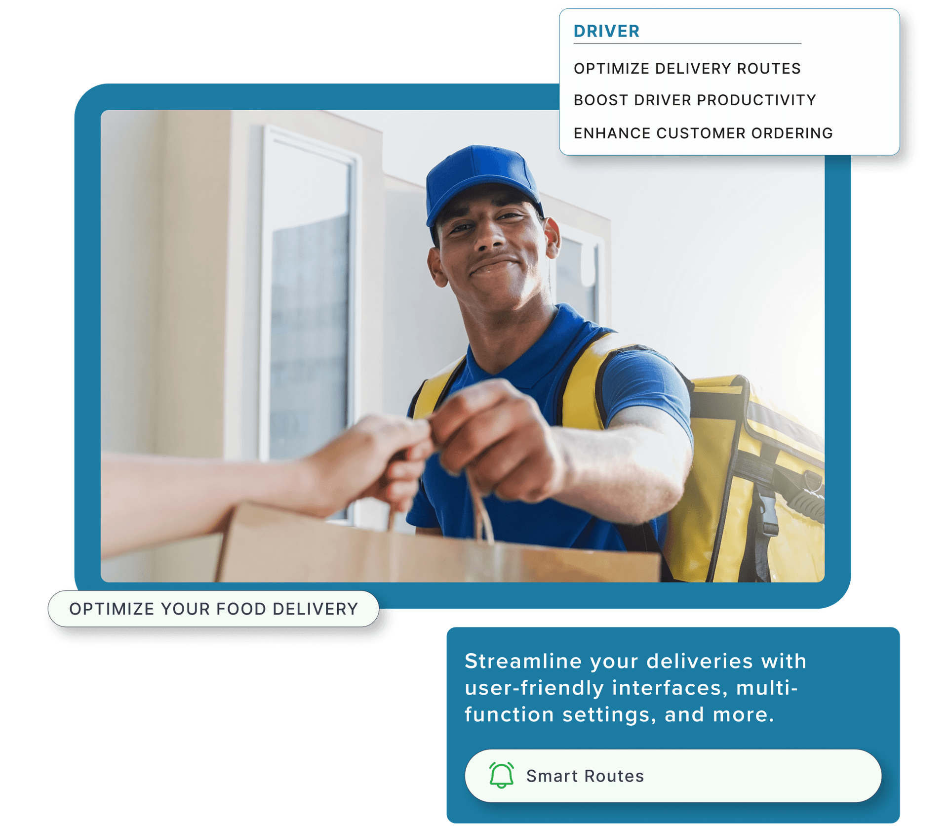 A delivery driver wearing an insulated delivery bag on one shoulder hands a customer her food.