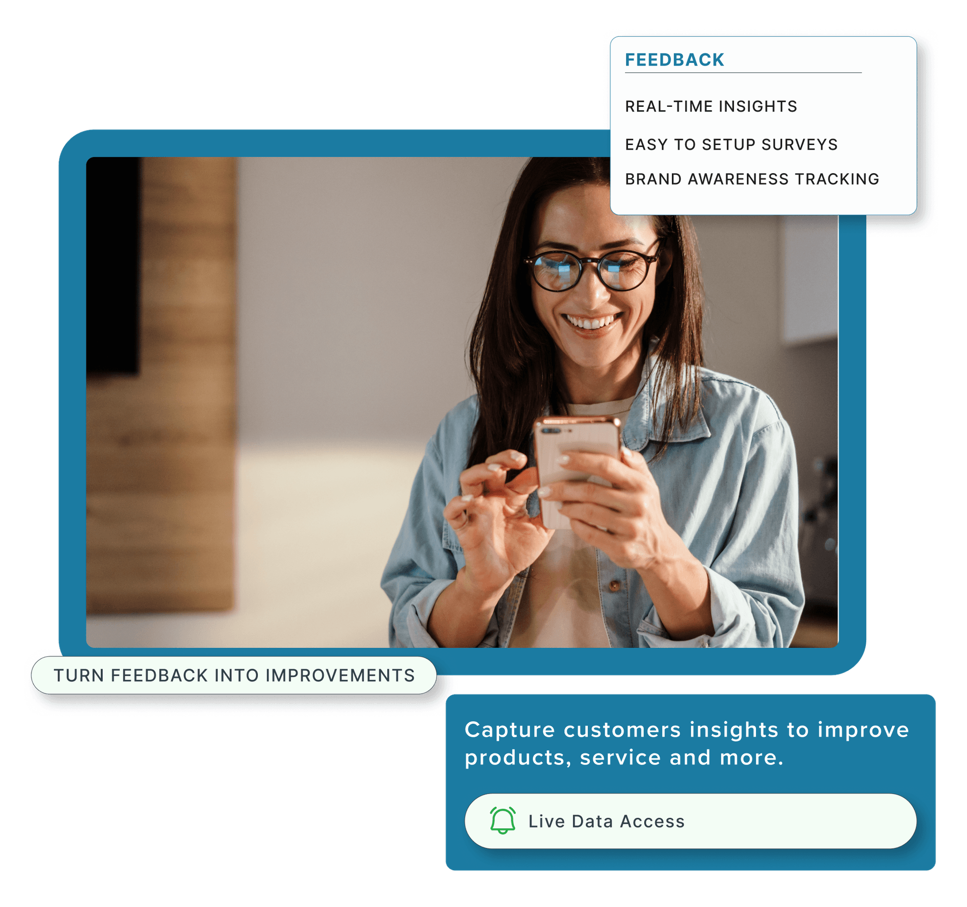 A customer fills out a survey on his phone and a restaurant employee standing nearby holding a tablet.