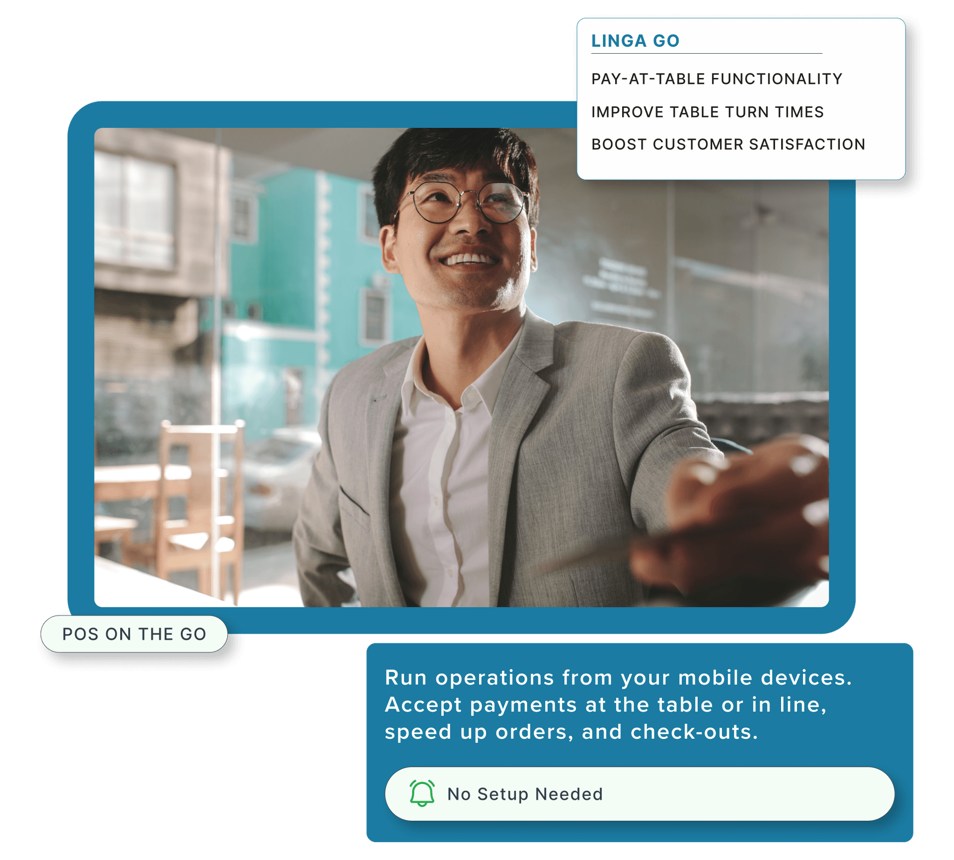 Two men seated in a restaurant paying the waiter for their meal using a credit card reader.