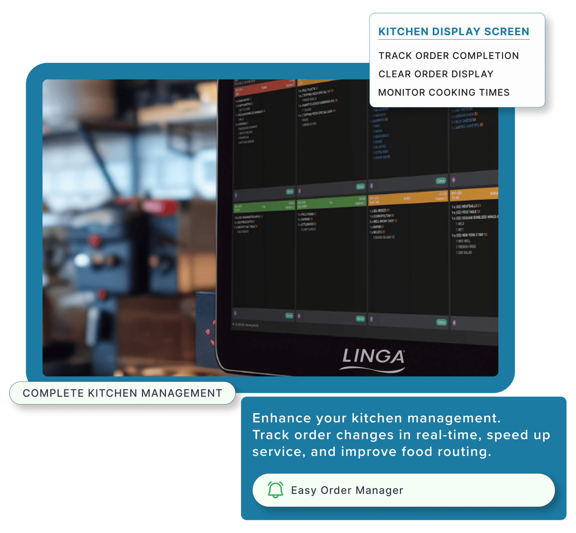 A close-up of LINGA’s kitchen display system being used in a commercial kitchen.