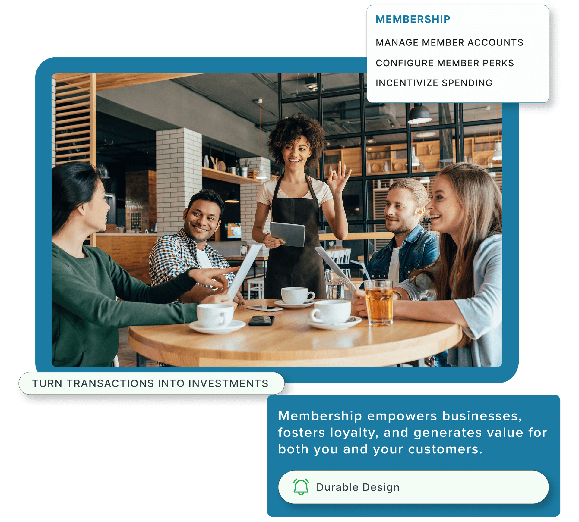 A waitress holding a tablet and taking orders for a group of friends at a cafe.