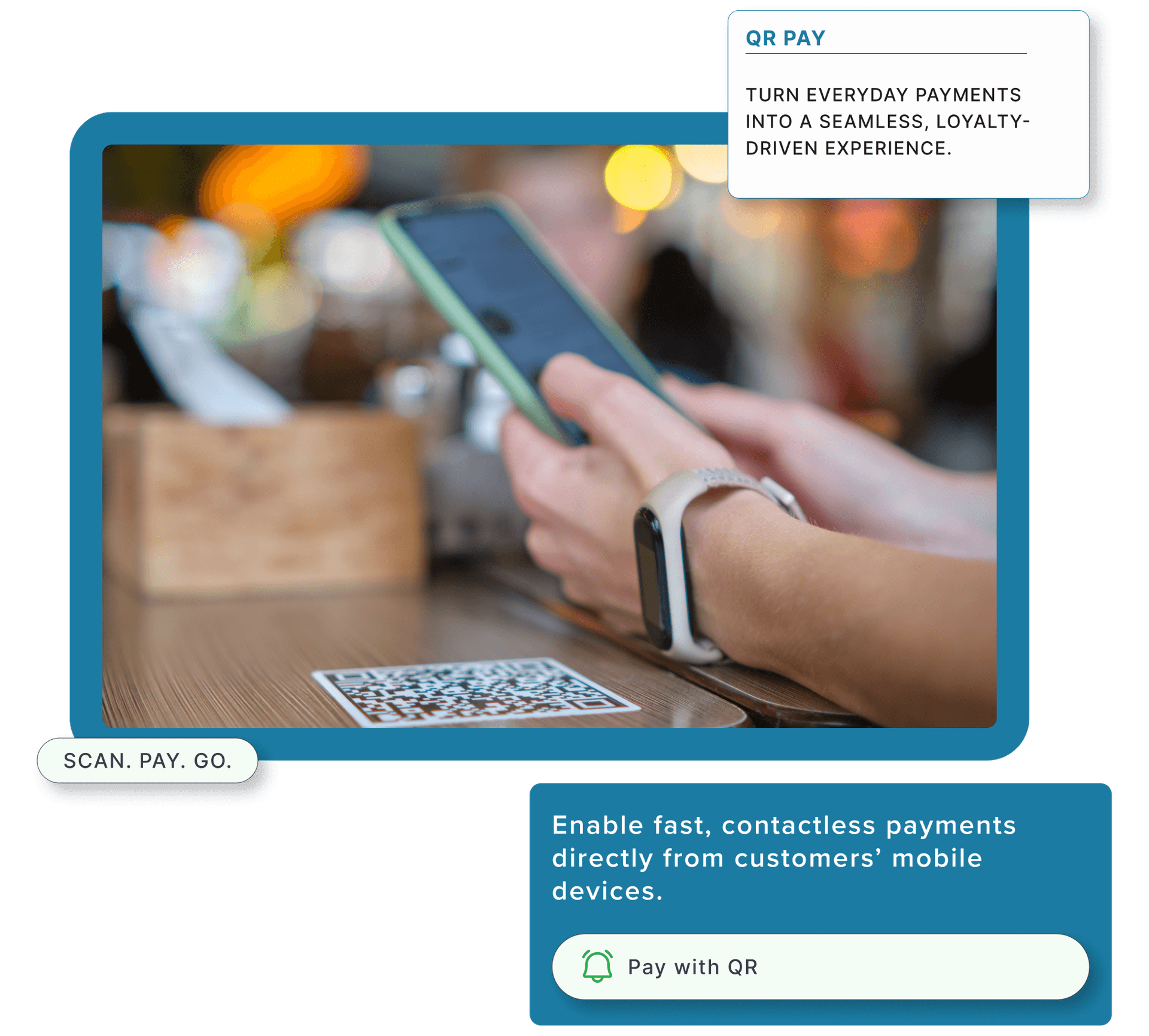 A seated at a café paying for her coffee and pastry using tap on her cell phone.
