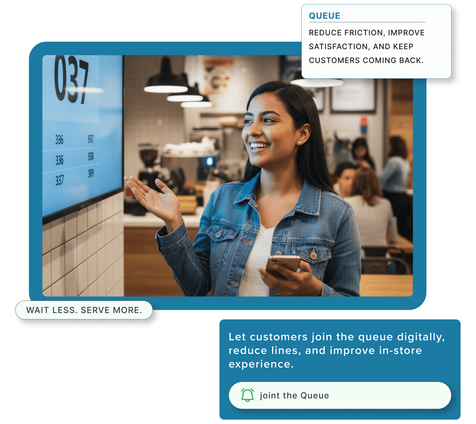 A customer waiting for her order in a restaurant and checking the status of her meal on a TV screen.